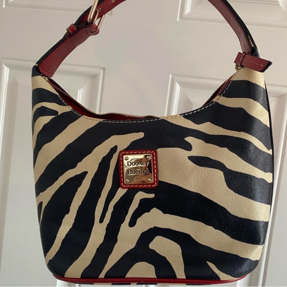 Dooney & Bourke Zebra-Print Leather Hobo in Black, Cream & Red Trim✨🖤